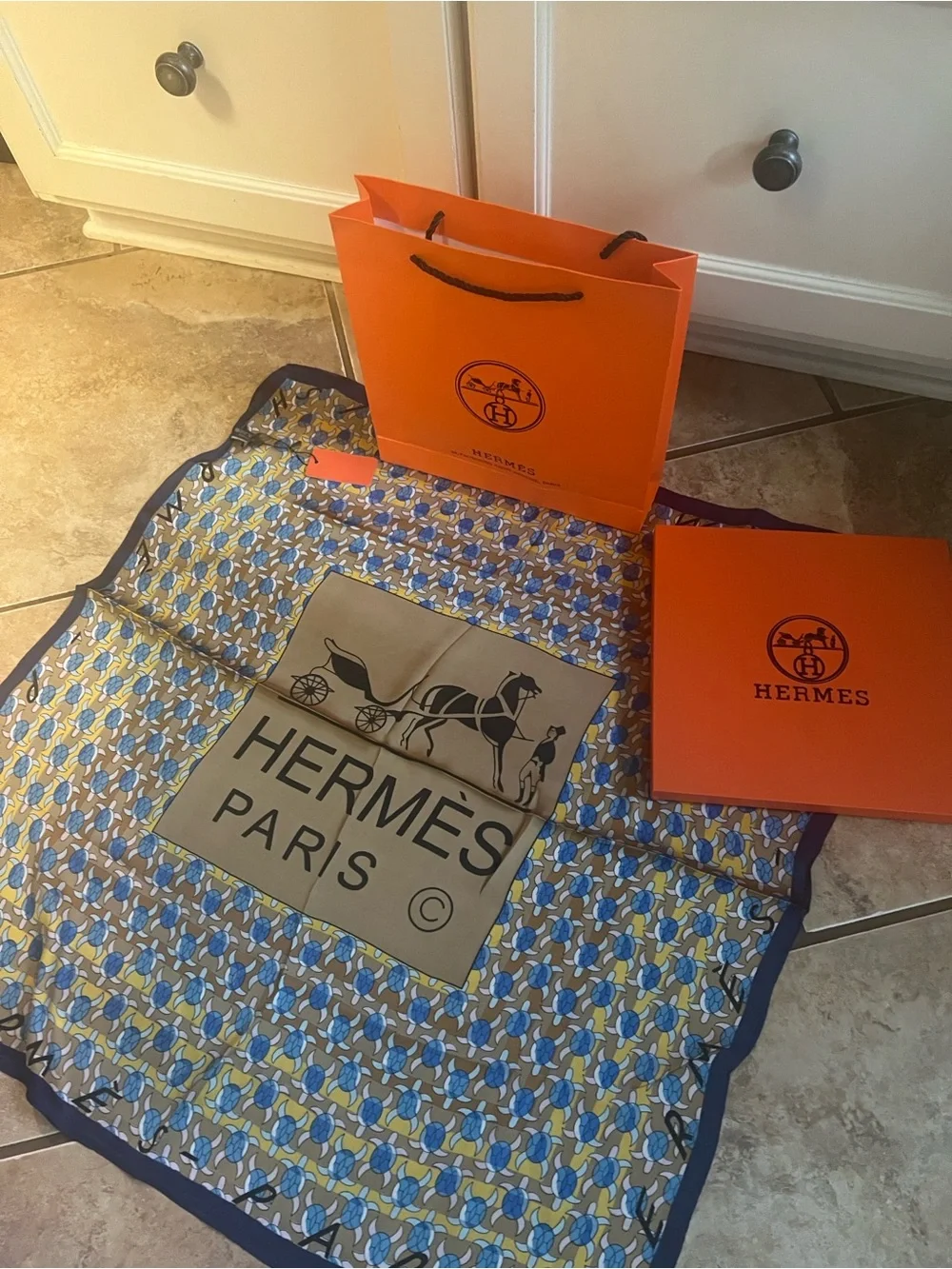 Hermès Yellow, Blue Scarf with Carriage Motif turtles 100% silk w/box bag tags